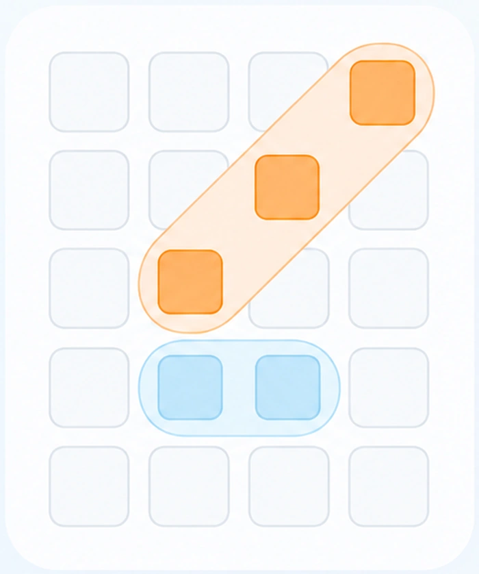 A word search grid with one term highlighted diagonally in orange and another highlighted horizontally in blue.