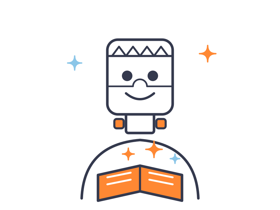 A smiling monster neatly snapped together, reading a spellbook