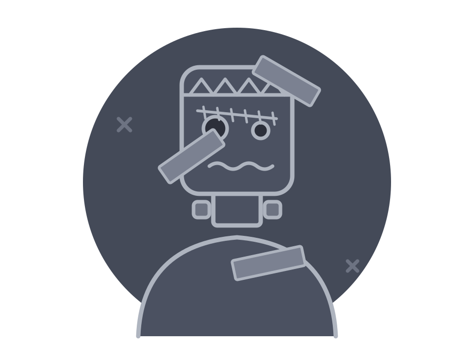 A worried monster held together with tape