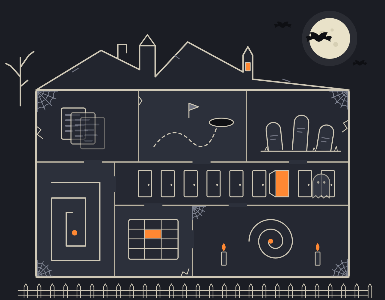A haunted house at night with seven rooms, cobwebs, bats and a full moon
